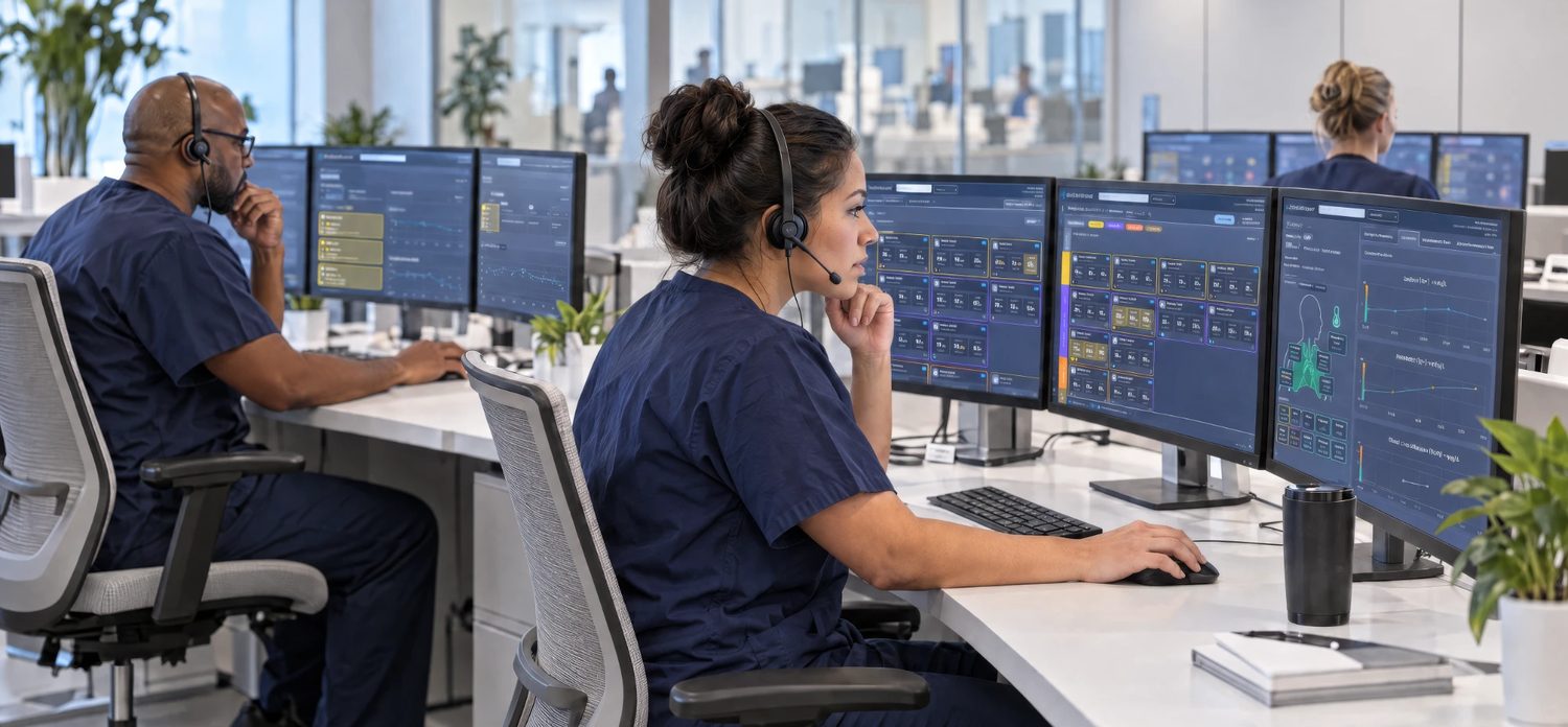 Clinicians at a remote monitoring center reviewing patient data in BioDashboard